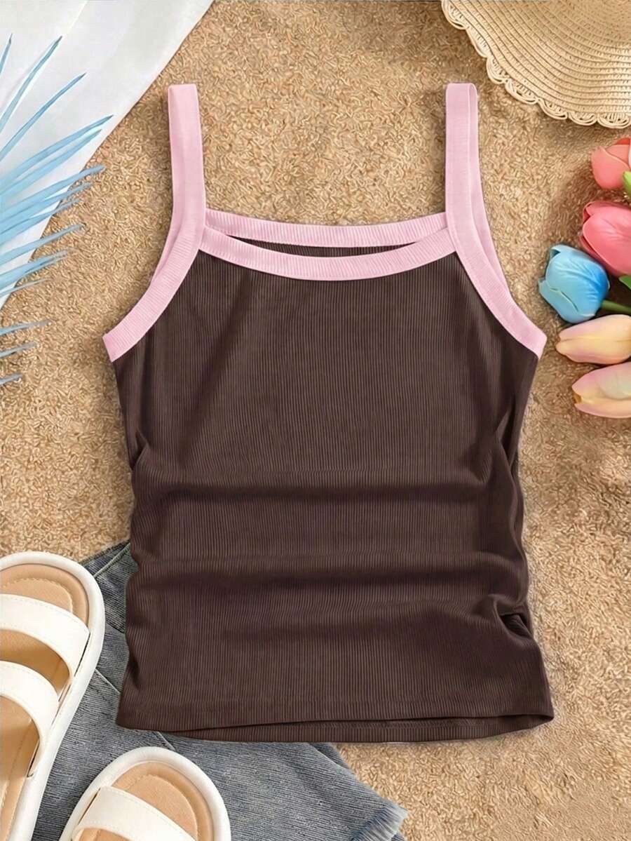 SHEIN Tween Girls Casual Slim Fit Contrast Color Camisole Tank Top Style, Outings, Vacations, School, And, Summer, Outfit, Comfortable, Daily, Minimalist - Brown - View 1