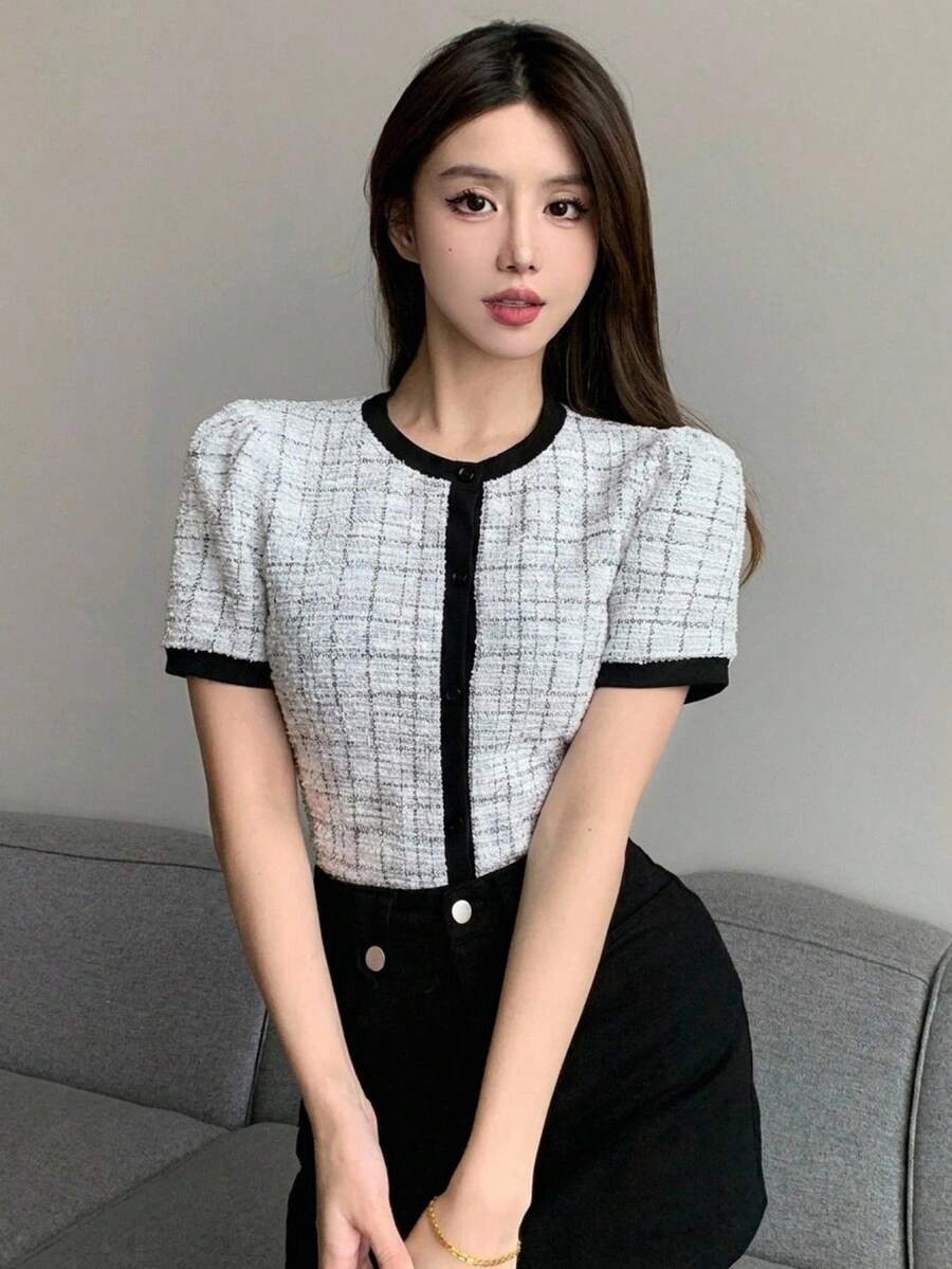 DAZY 春夏秋圓領泡泡短袖白色粗花呢格紋修身女款T恤 - 灰色 - 查看 1