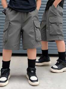 SHEIN Teen Boy Solid Color Elastic Waist Summer Casual Wide Leg Cargo Shorts - Grey - View 2