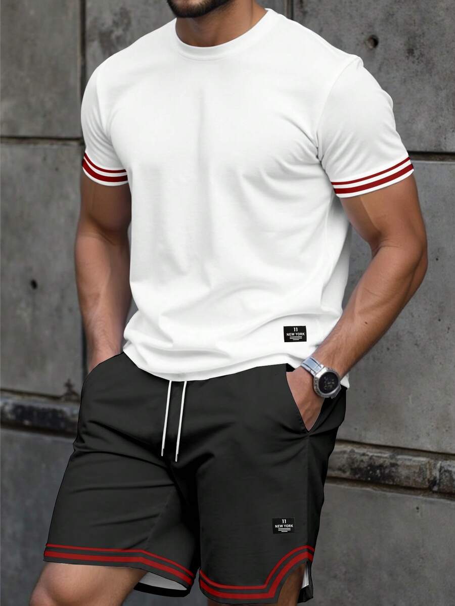 Manfinity CasualCool 男士運動休閒圓領短袖字母貼布設計條紋印花T恤與抽繩短褲套裝 - 彩色 - 查看 1