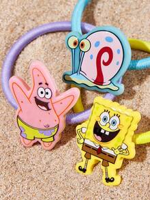 SpongeBob SquarePants | SHEIN 6入組可愛卡通糖果色髮圈，女用髮繩，彈性不傷髮，橡皮筋，紮髮馬尾造型，藍色、粉色、黃色 - 彩色 - 查看 3