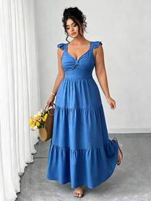 Elenzga Vestido largo de línea A con cuello cuadrado y mangas con volantes, de unicolor y elegante, para mujer de talla grande. Cinturón elástico en la cintura, ajuste ceñido, elegante y apropiado para uso diario, cenas y citas, primavera/verano - Azul - Ver 8