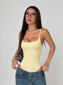 FavEase 女款春夏歐美風辣妹時尚簡約修身低領純色休閒百搭連身衣 - 黃色 - 查看 5