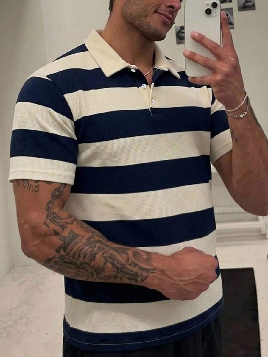 DAZY 夏季條紋拼接寬鬆大尺碼男士 Polo 衫 - 彩色 - 查看 1