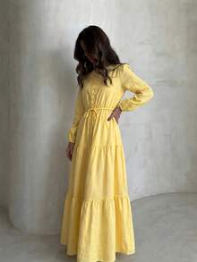 Yasmyna Women's Solid Color Long Sleeve Round Neck Bow Knot Button Arabian Dress Going Out - Yellow - View 4