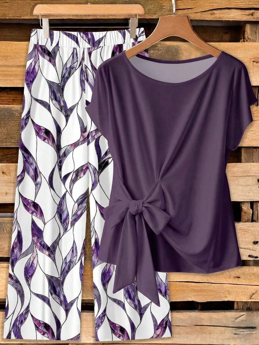 EMERY ROSE Ensemble décontracté 2 pièces pour femmes grandes tailles avec top à col rond, manches courtes, nœud à la taille, unicolore et pantalon imprimé intégral - Multicolore - Voir 1