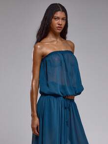 Musera Resort Sheer Textured Bandeau Beach Vacation Cover-Up Top Only Spring Summer Ibiza Holiday Sexy Tropical Girly Feminine Club Cute Romantic Festival Boho Teal - Dusty Blue - View 3