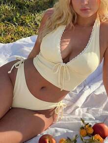 Swim Mod Plus Size Women's Tank Style Solid Color Textured Fabric Sports Casual Swimsuit - Yellow - View 3