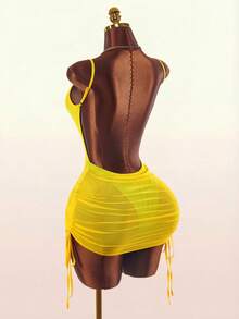 Vestido mini básico, romántico y semi-transparente, cómodo y ajustado para mujeres, 2026 nuevo - Amarillo - Ver 5