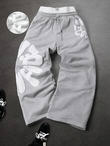 SLATEMANN Men's Letter Print Drawstring Waist Loose Fit Casual Sweatpants Sweatpants Grey Stacked Sweat Pants - Grey - View 5