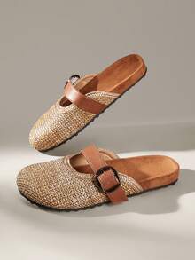 Solecia Women's Shoes Spring And Summer New Woven Grain Pattern, Gold Woven Tape Design, Buckle, Round Toe Design, Slip-On Exposed Heel, Comfortable And Simple Vacation, Women's Flat Shoes, A Must For Commuting, Casual And Versatile - Brown - View 6