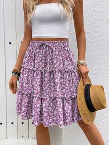 Breezaya Rok Bertingkat Berenda Motif Bunga untuk Liburan Musim Semi/Panas - Purple - View 3