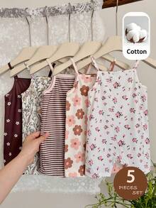 SHEIN LMoss Kids 5件套女婴休闲针织条纹碎花连体衣 - 彩色 - 查看 5