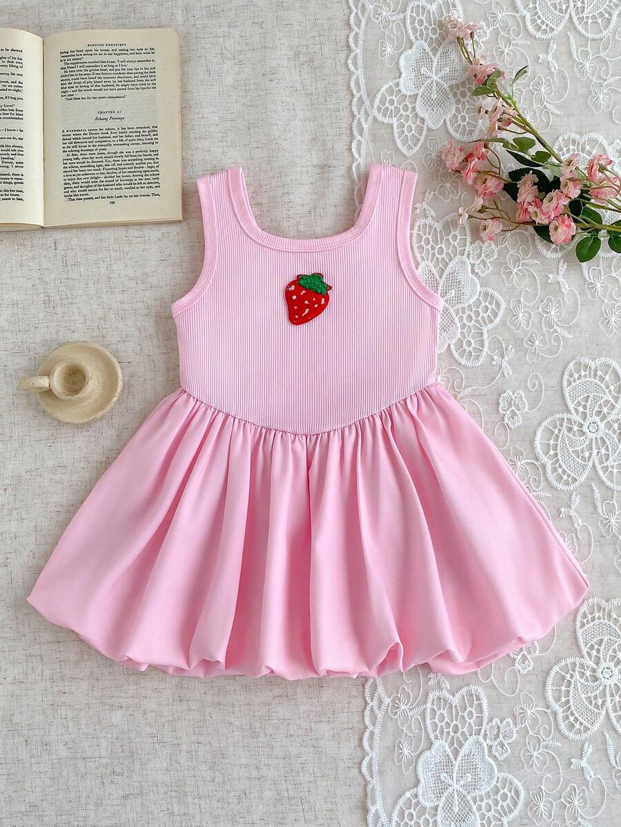 SHEIN 女嬰 0-3歲 1件 夏季&秋季 休閒可愛風格 外出套裝,草莓刺繡無袖短洋裝 舒適衣物 適合戶外活動 - 粉色 - 查看 1