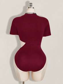 SHEIN ICON Women's Plus Size Solid Color Hollow Out Casual Versatile Daily Outing Short Sleeve Bodysuit - Burgundy - View 2