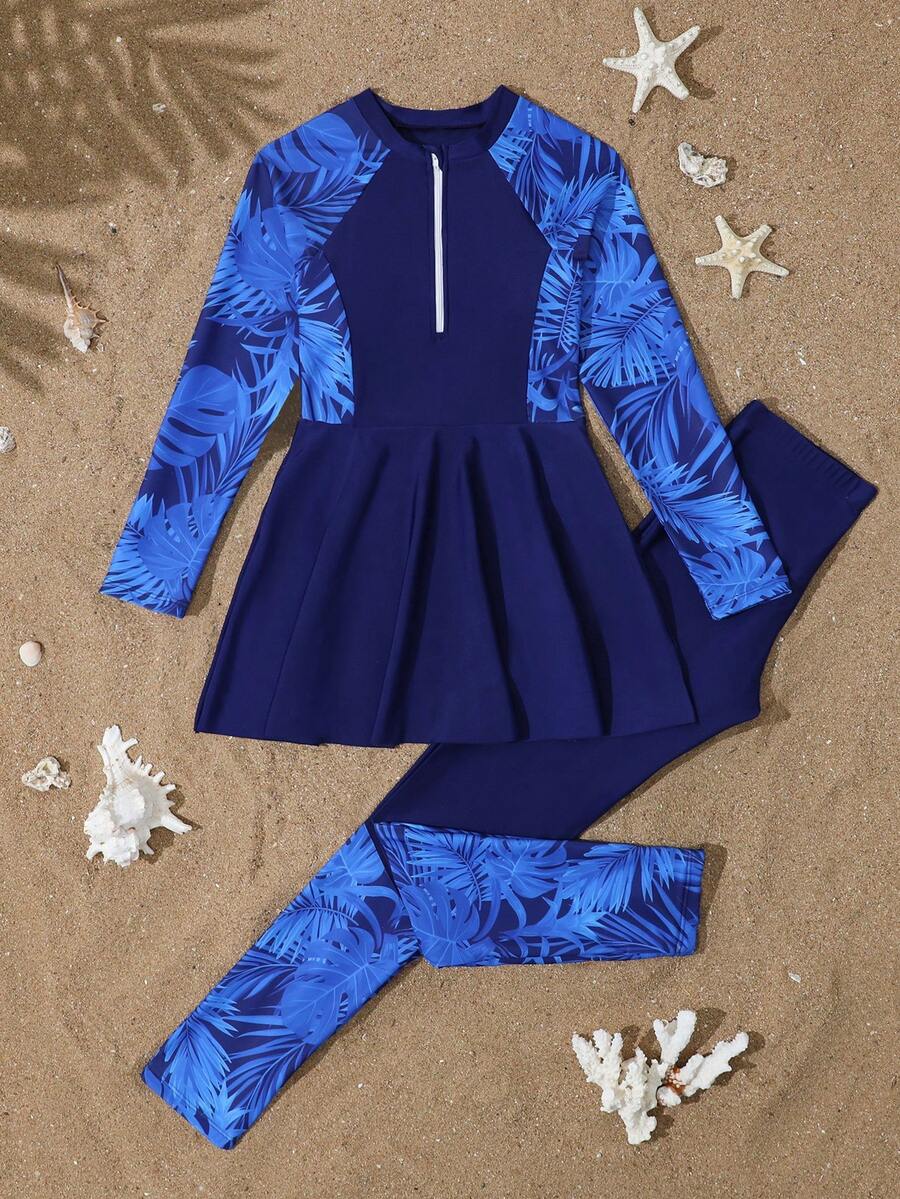 SHEIN 青少年女孩坦基尼兩件式泳衣套裝,長袖拉鍊上衣搭配花卉圖案拼接與黑色裙襬,配對花卉拼接長褲 - 藏蓝色 - 查看 1