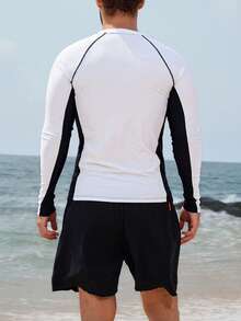 DAZY Men's Patchwork Color Block Letter Print Zipper Front Rash Guard Swimwear Vacation Summer - Multicolor - View 2