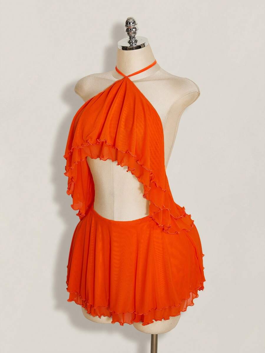 SHEIN ICON 女款多層荷葉邊掛脖露背迷你洋裝 - 橘色 - 查看 1