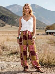 Wildy BOHO Vintage Casual Western Country Print Pattern Women's Autumn Daily Basic Outfit Outing Vacation Holiday Commute Pocket Lantern Pants Pink Floral - Multicolor - View 9