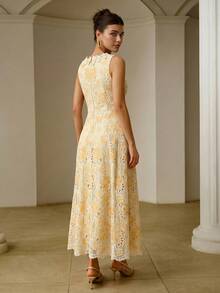 ZEYLAH Vestido con Bordado Hidrosoluble, Cuello en U, Cintura Ceñida y Bajo de Paraguas - Albaricoque - Ver 6