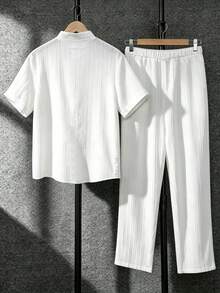 Teen Boy All White Mandarin Collar Long Sleeve Shirt And Casual Cute Teen Baggy Pants Set, Solid Outfit For Daily Wear, Outdoor, Prom Party Sixth Form - White - View 5