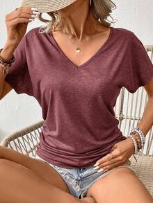 SHEIN Frenchy 女款簡約純色百褶日常/度假V領上衣深色T恤 - 酒紅色 - 查看 3