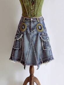ROMWE Avant Women's Retro Vintage Y2K Aesthetic A-Line Denim Skirt With Cargo Pockets - Blue - View 1