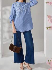 Veilorie Plus Size Floral Embroidery Striped Print Spring Summer Casual Shirt Fall - Multicolor - View 5