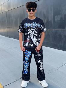青少年男孩新款休閒時尚極簡Y2K酷感風格塗鴉手繪嘻哈人像星星圖案英文字母運動風圓領短袖印花T恤經典運動長褲2件套，適合春/夏，適合秋/冬 - 藍色 - 查看 4
