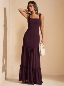 SHEIN BAE Spring/Summer Dark Coffee Square Neck Sleeveless Fitted Bodycon Dress With Layered Ruffle Hem And Flared Maxi Skirt, Elegant Wedding Guest Party Dress - Brown - View 4