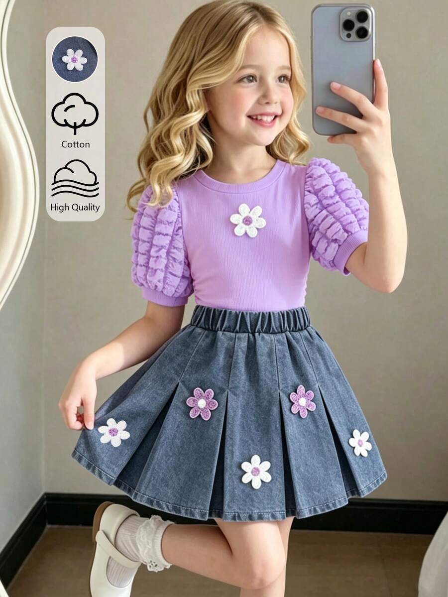 Elladie kids 2件組女孩紫色圓領短袖T恤與藍色牛仔百褶裙,3D花朵貼飾夏季親子套裝,休閒風 - 紫色 - 查看 1