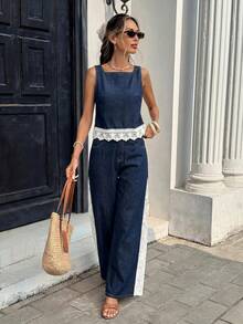Serisse Ensemble décontracté en denim pour femmes avec gilet à col carré et pantalon - Bleu azur - Voir 4
