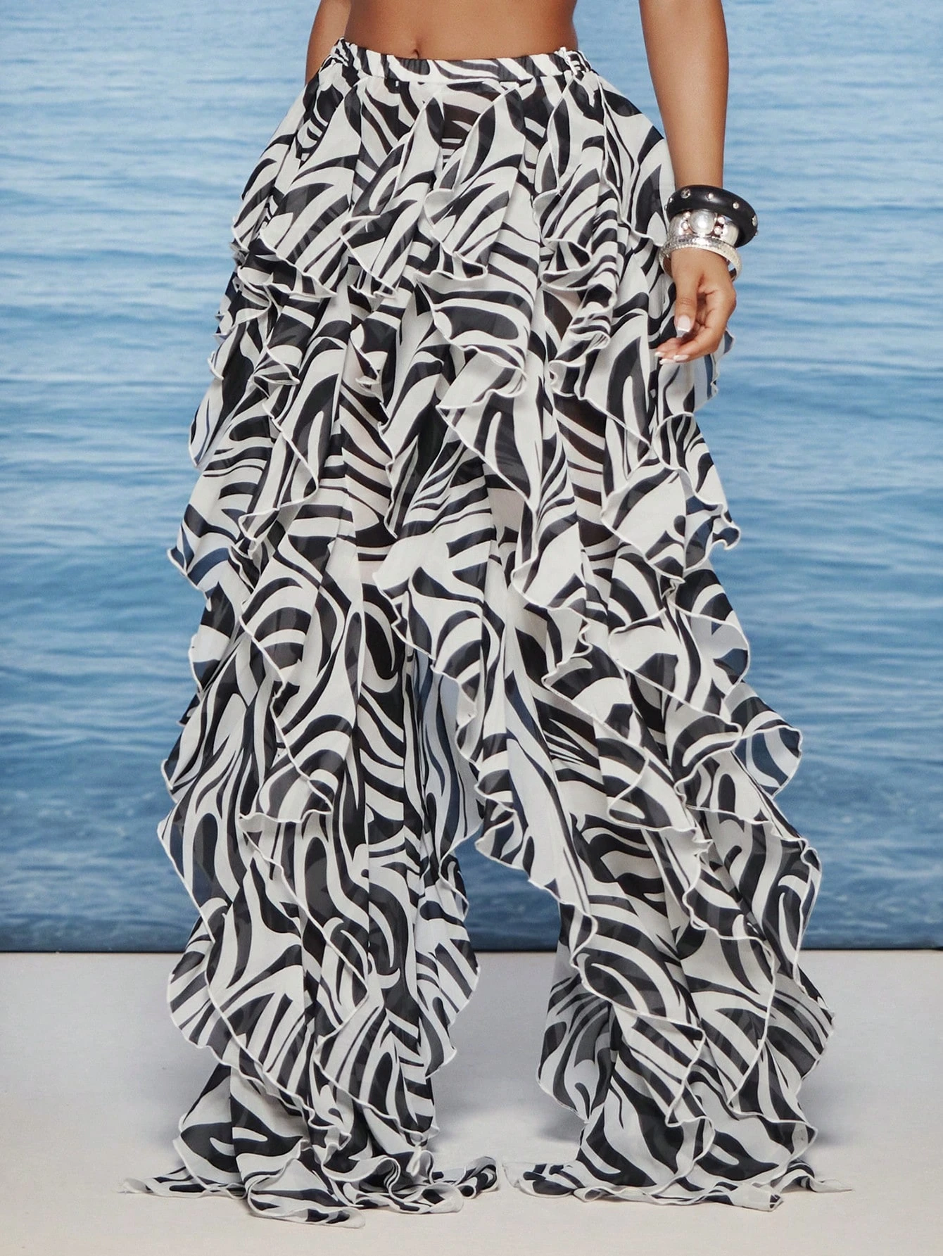 Swirl Print Ruffle Frill Flare Trouser