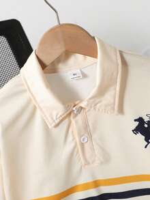SHEIN 青少年男孩春夏季短袖長褲兩件套，時尚針織條紋動物印花 Polo 衫，休閒舒適大口袋長褲，戶外百搭男孩套裝 - 彩色 - 查看 6