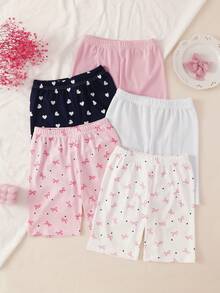 5pcs/Set Girls' Bowknot & Heart All-Over Print Solid Color Leggings, Comfortable Fitted Short Design, Suitable For Spring/Summer - Multicolor - View 2
