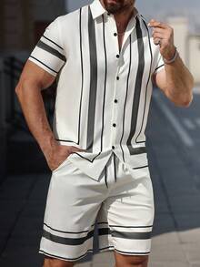 Manfinity Homme 男士對比條紋前開扣標準版型短袖休閒襯衫，適合夏季度假、正式場合、典禮 - 彩色 - 查看 4