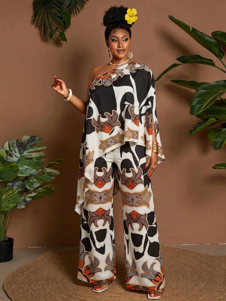 Maweii Summer Casual Vacation Fashion Niche Design New Must-Have Daily Essential Outfit Asymmetric Hem Multi-Color Print Loose Minimalist Commute Plus Size Women 2-Piece Set - Multicolor - View 4