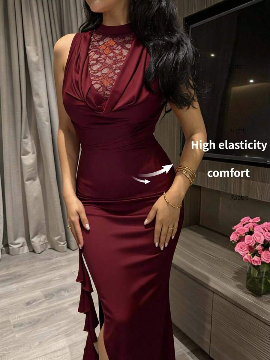 Modelyn 女款蕾絲拼接壓褶優雅收腰約會派對洋裝