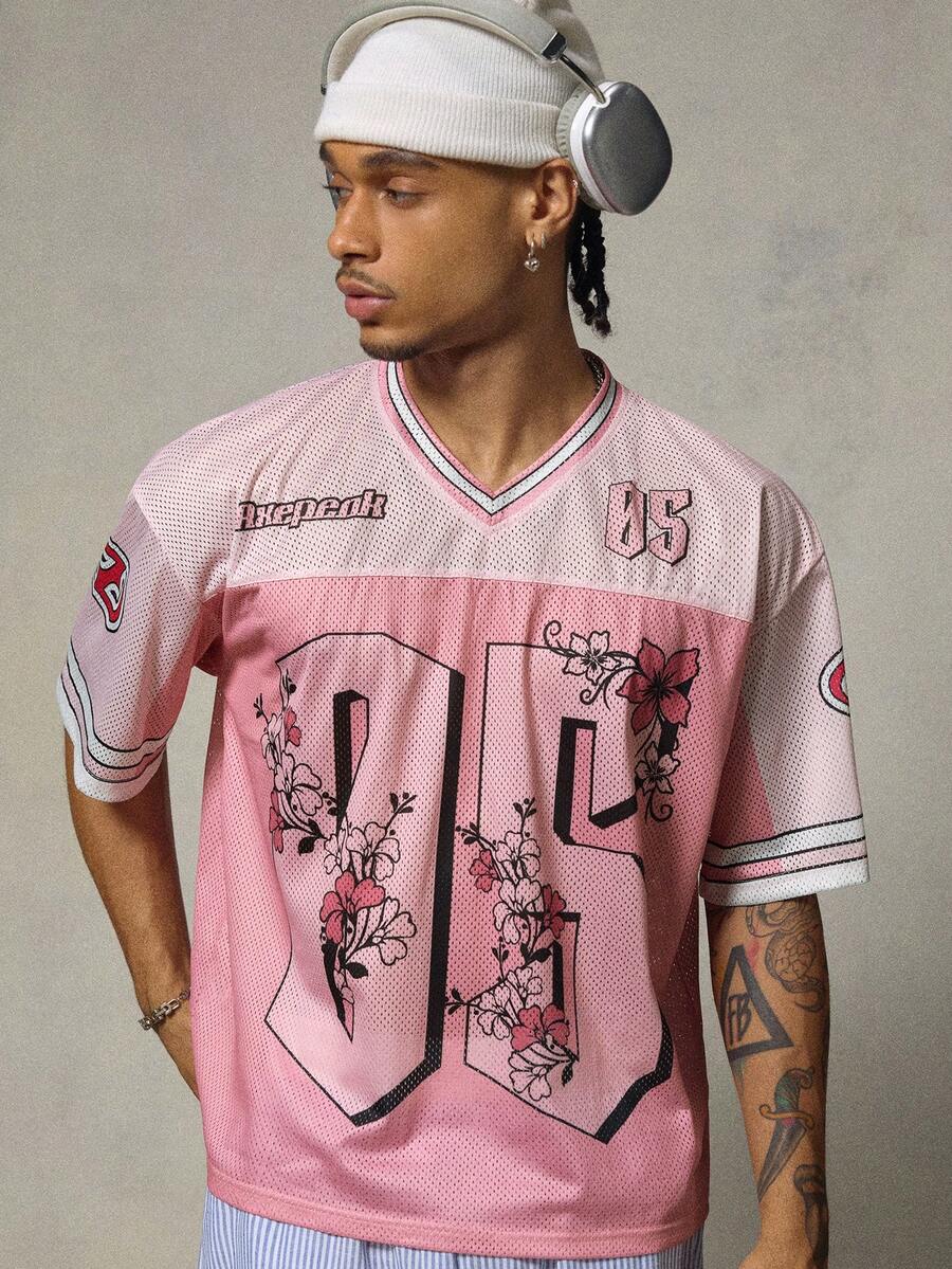 FRESIVO Men's Knitted Casual Loose Fit Short Sleeve T-Shirt, Fashionable & Everyday Wear, 2000s Style - Pink - View 1