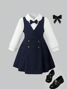 Back To School Season Girls' British Academy Style 2-Piece Dress Set, 4-7 Years Old Children's School Uniform, Peter Pan Collar Long Sleeve Shirt Paired With Elegant Bow Decor, Double-Breasted V-Neck Vest Dress Set, Girls' Spring/Summer Light Formal Piano Performance Outfit, Campus Choir Uniform, Stylish Everyday Princess Dress - Royal Blue - View 13