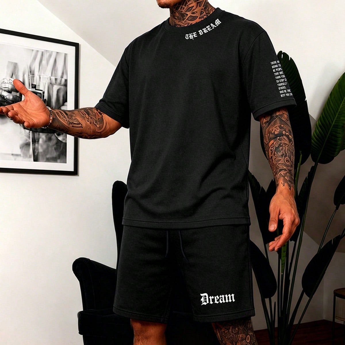 Conjunto de camiseta de manga corta con gráfico de lema casual y pantalones cortos para hombre, salida
