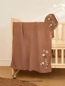 Cozy Pixies 1件裝極簡棕色針織嬰兒毯：精緻刺繡工藝，適用於多種場合，時尚兒童針織毯 - 咖啡棕 - 查看 3