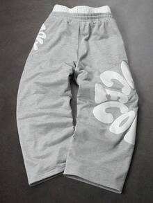 SLATEMANN Men's Letter Print Drawstring Waist Loose Fit Casual Sweatpants Sweatpants Grey Stacked Sweat Pants - Grey - View 2