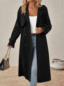 SHEIN Clasi Mantel Trench Berlengan Raglan Kancing Ganda dengan Sabuk, Warna Hitam Elegan untuk Kantor Musim Gugur - Hitam - View 7