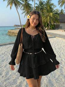 SHEIN ICON Vestido de Talla Grande con Cuello en V, Cintura con Cordones, Falda en A con Volantes, Vestido Bohemio, Vacaciones, Adecuado para Primavera - Negro - Ver 9