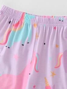 Girls' Colorful Unicorn Pattern Button-Up Lapel Short Sleeve & Shorts 2pcs Comfortable Loungewear Set - Mauve Purple - View 5