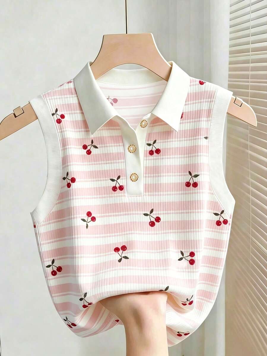 Resyla Summer Casual Striped Cherry Print Tank Top - Multicolor - View 1