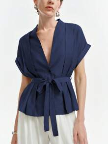Aalyst Women's Spring/Summer Commute Single-Thread Bamboo Linen Solid Color V-Neck Pleated Dropped Shoulder Cuffed Short Sleeve Blouse - Navy Blue - View 1