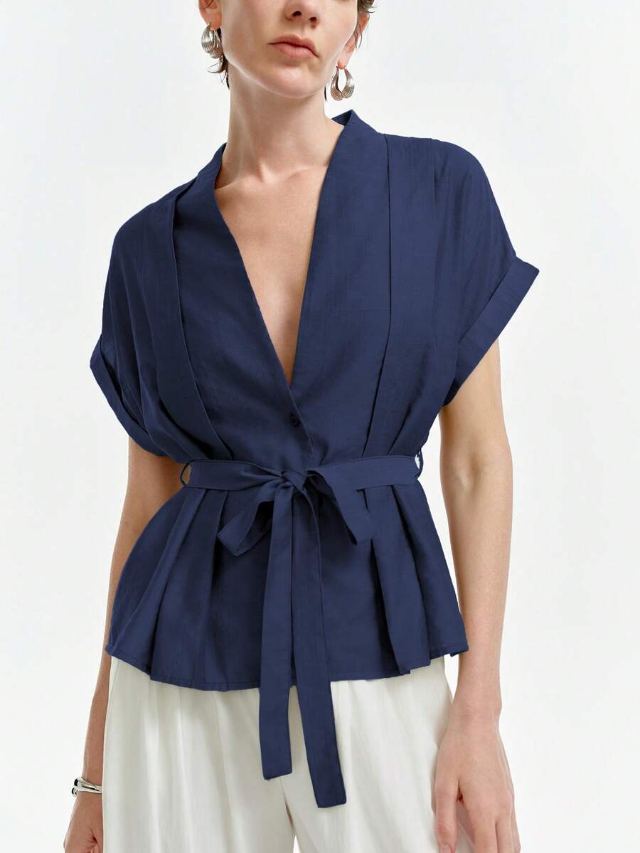 Aalyst Women's Spring/Summer Commute Single-Thread Bamboo Linen Solid Color V-Neck Pleated Dropped Shoulder Cuffed Short Sleeve Blouse - Navy Blue - View 1