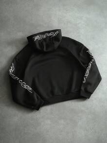 Manfinity Roghcode Men's Zip-Up Letter Pattern Hooded Sweatshirt - Black - View 2